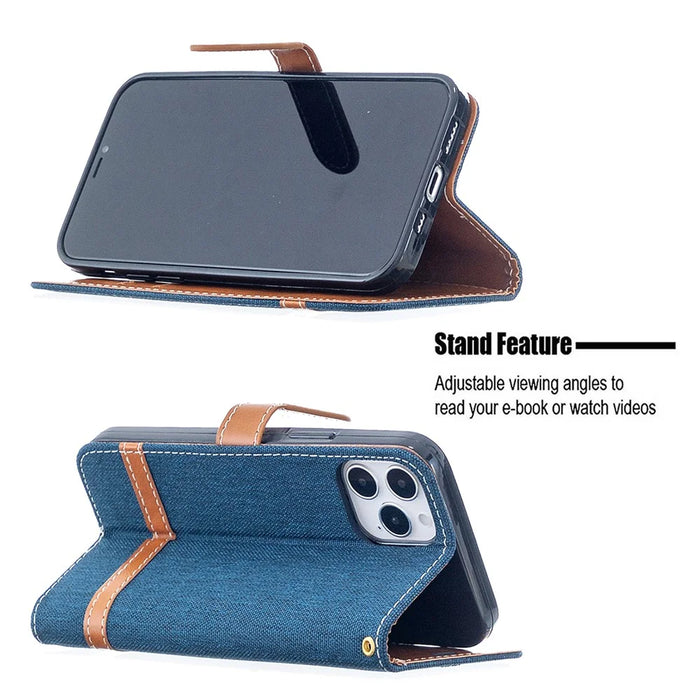 Color Splicing Jeans Cloth Texture Leather Shell for iPhone 12 Pro/12 - Dark Blue - 2