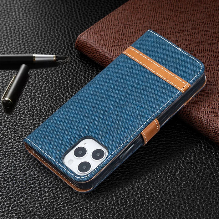 Color Splicing Jeans Cloth Texture Leather Shell for iPhone 12 Pro/12 - Dark Blue - 5