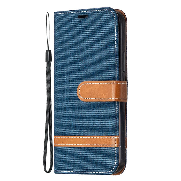 Color Splicing Jeans Cloth Texture Leather Shell for iPhone 12 Pro/12 - Dark Blue - 6