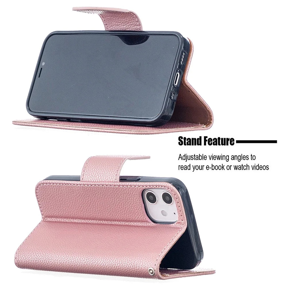 Litchi Surface with Wallet Leather Stand Case for iPhone 12 mini 5.4 inch - Rose Gold - 5