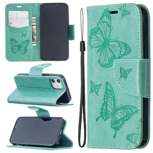 Imprint Butterfly Wallet Leather Stand Case for iPhone 12 mini 5.4 inch - Cyan - 1