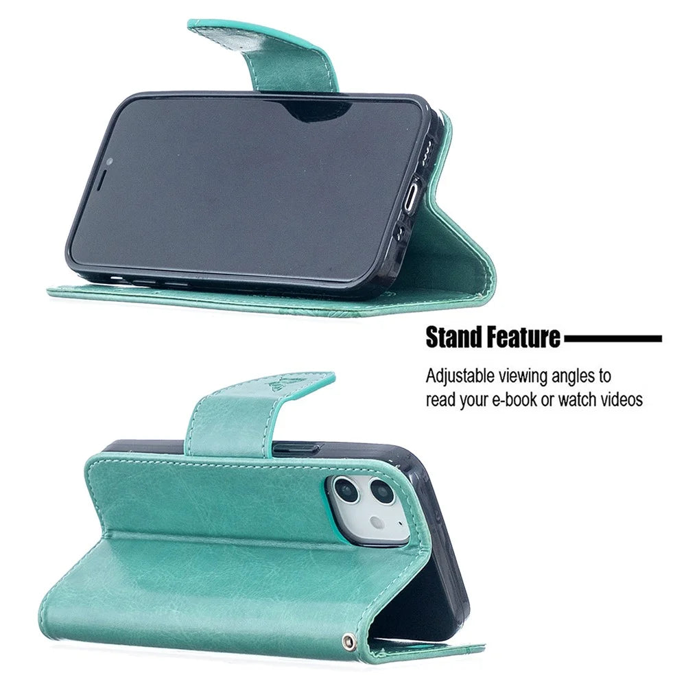 Imprint Butterfly Wallet Leather Stand Case for iPhone 12 mini 5.4 inch - Cyan - 2