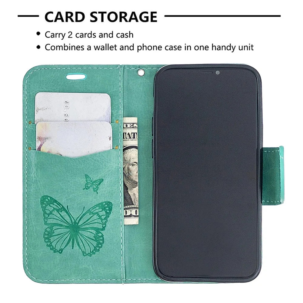 Imprint Butterfly Wallet Leather Stand Case for iPhone 12 mini 5.4 inch - Cyan - 3