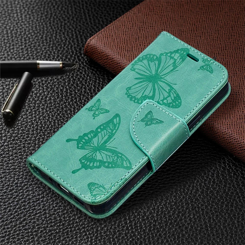 Imprint Butterfly Wallet Leather Stand Case for iPhone 12 mini 5.4 inch - Cyan - 4