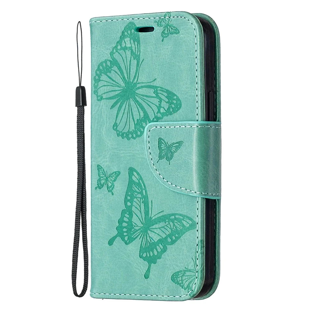 Imprint Butterfly Wallet Leather Stand Case for iPhone 12 mini 5.4 inch - Cyan - 6