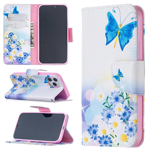 Pattern Printing Leather Wallet Protective Case for iPhone 12 Pro/12 - Butterfly and Flowers - 1