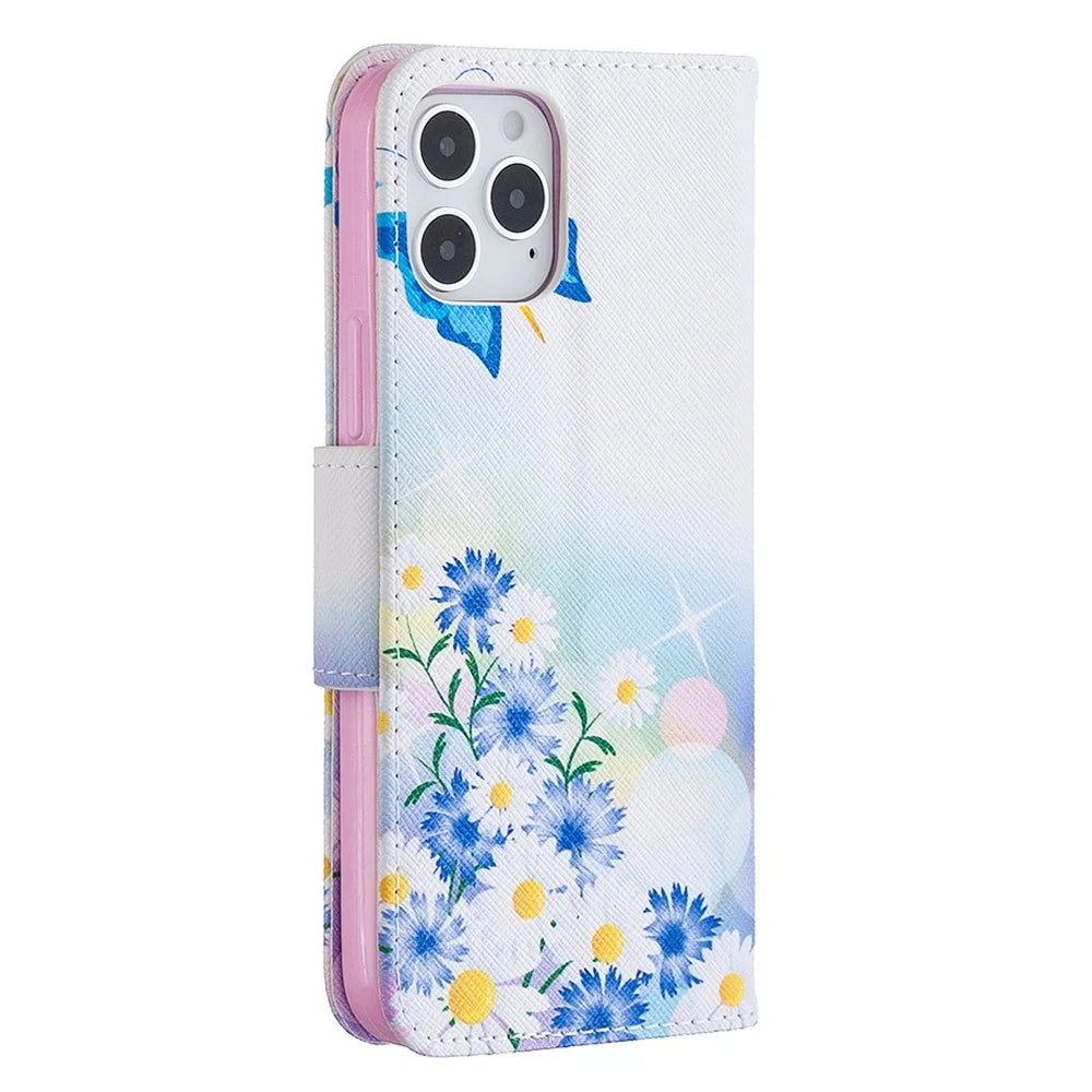 Pattern Printing Leather Wallet Protective Case for iPhone 12 Pro/12 - Butterfly and Flowers - 3