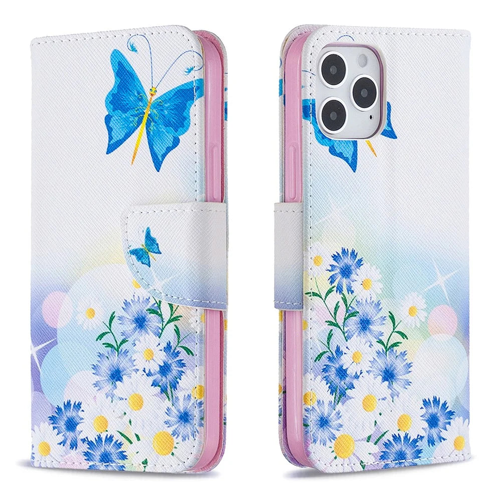 Pattern Printing Leather Wallet Protective Case for iPhone 12 Pro/12 - Butterfly and Flowers - 4
