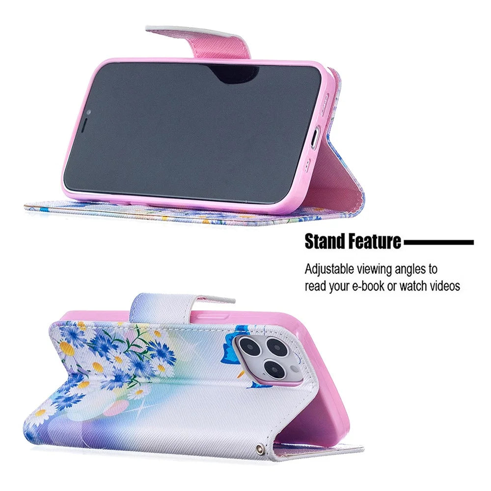 Pattern Printing Leather Wallet Protective Case for iPhone 12 Pro/12 - Butterfly and Flowers - 5
