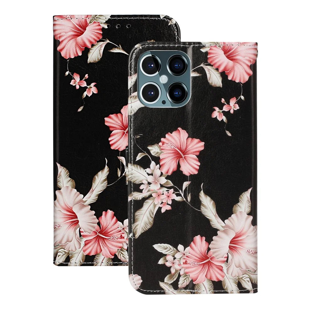 Pattern Printing Leather Wallet Phone Cover for iPhone 12 Pro/12 - Flower - 1