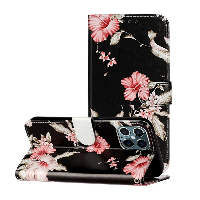 Pattern Printing Leather Wallet Phone Cover for iPhone 12 Pro/12 - Flower - 2