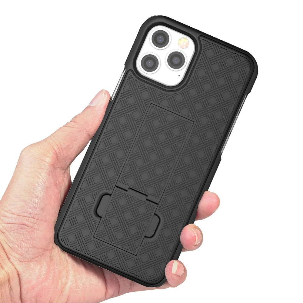 Woven Texture Swivel Belt Clip Holster PC + TPU Phone Cover for iPhone 12 Pro Max 6.7 inch - 3