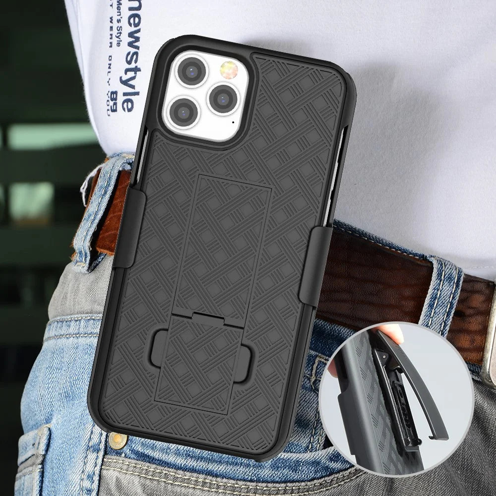 Woven Texture Swivel Belt Clip Holster PC + TPU Phone Cover for iPhone 12 Pro Max 6.7 inch - 6