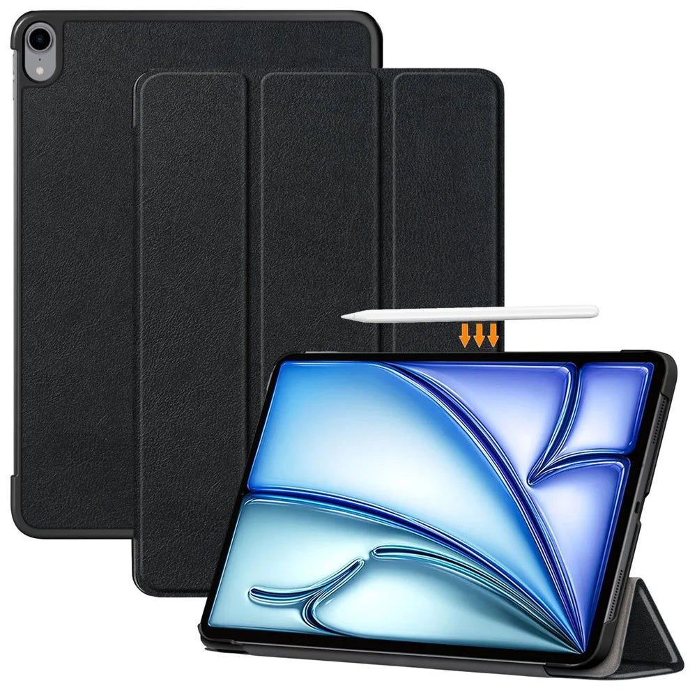 PU Leather Cover for iPad Air 11 (2026) / (2025) / (2024) / Air (2020) / Air (2022) Tri-Fold Stand Folio Tablet Case - Black - 1