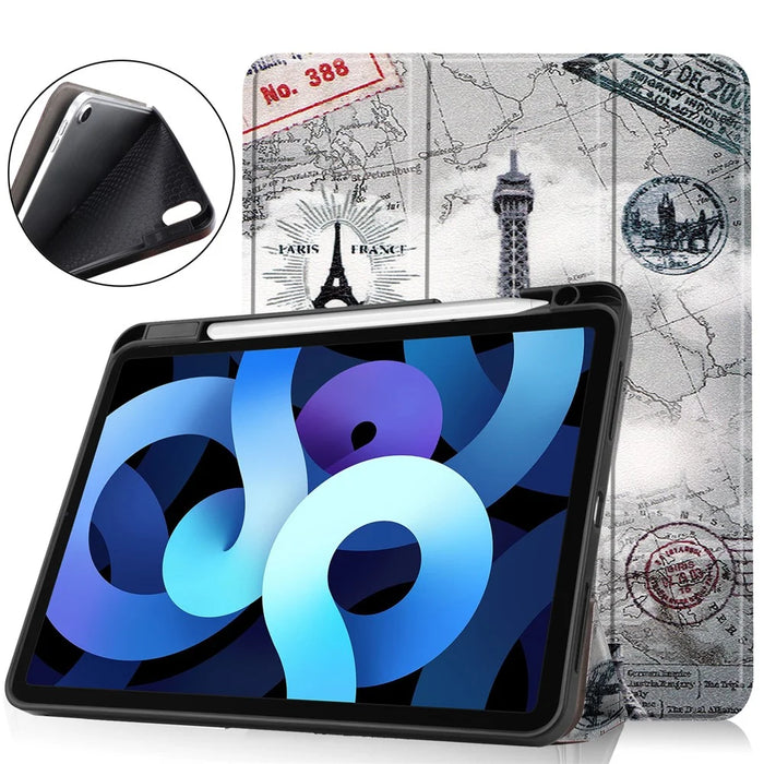 For iPad Air 11 (2026) / (2025) / (2024) / Air (2022) / (2020) Pattern Printing PU Leather Smart Tri-Fold Stand Case Auto Wake / Sleep - Eiffel Tower - 1