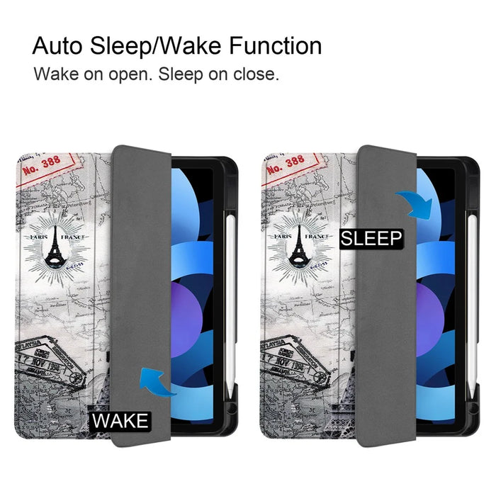 For iPad Air 11 (2026) / (2025) / (2024) / Air (2022) / (2020) Pattern Printing PU Leather Smart Tri-Fold Stand Case Auto Wake / Sleep - Eiffel Tower - 7