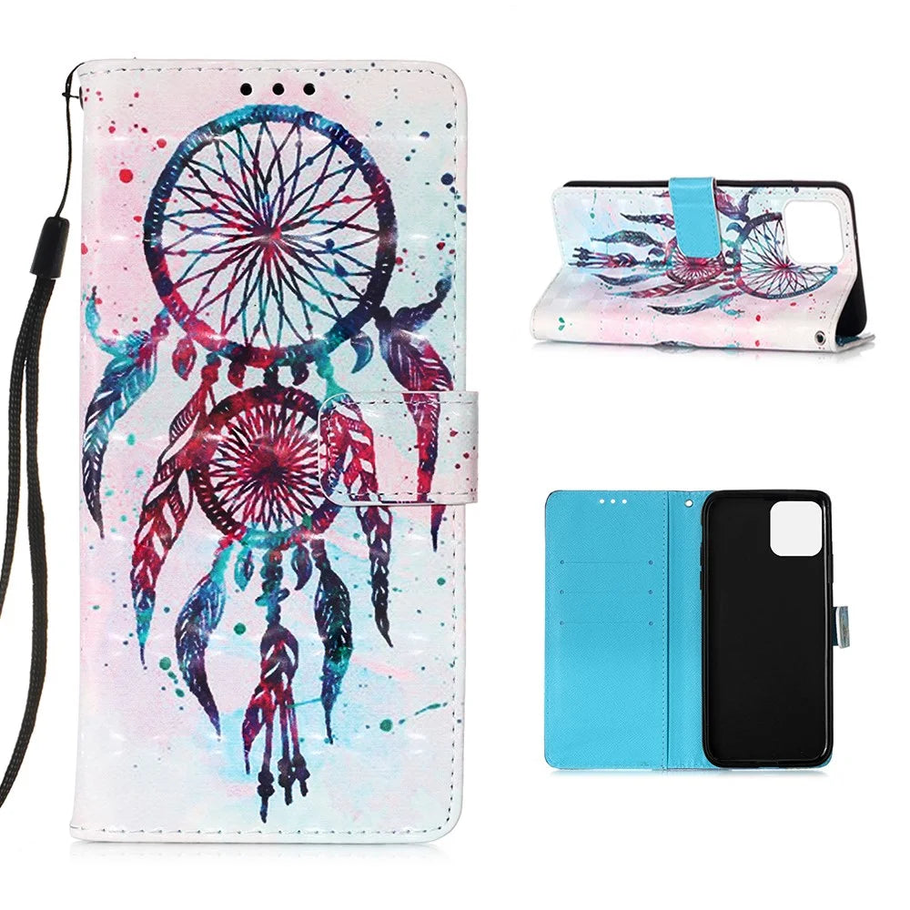 Pattern Printing PU Leather Cover Wallet Cell Phone Case with Strap for iPhone 12 Pro/12 - Dream Catcher - 1