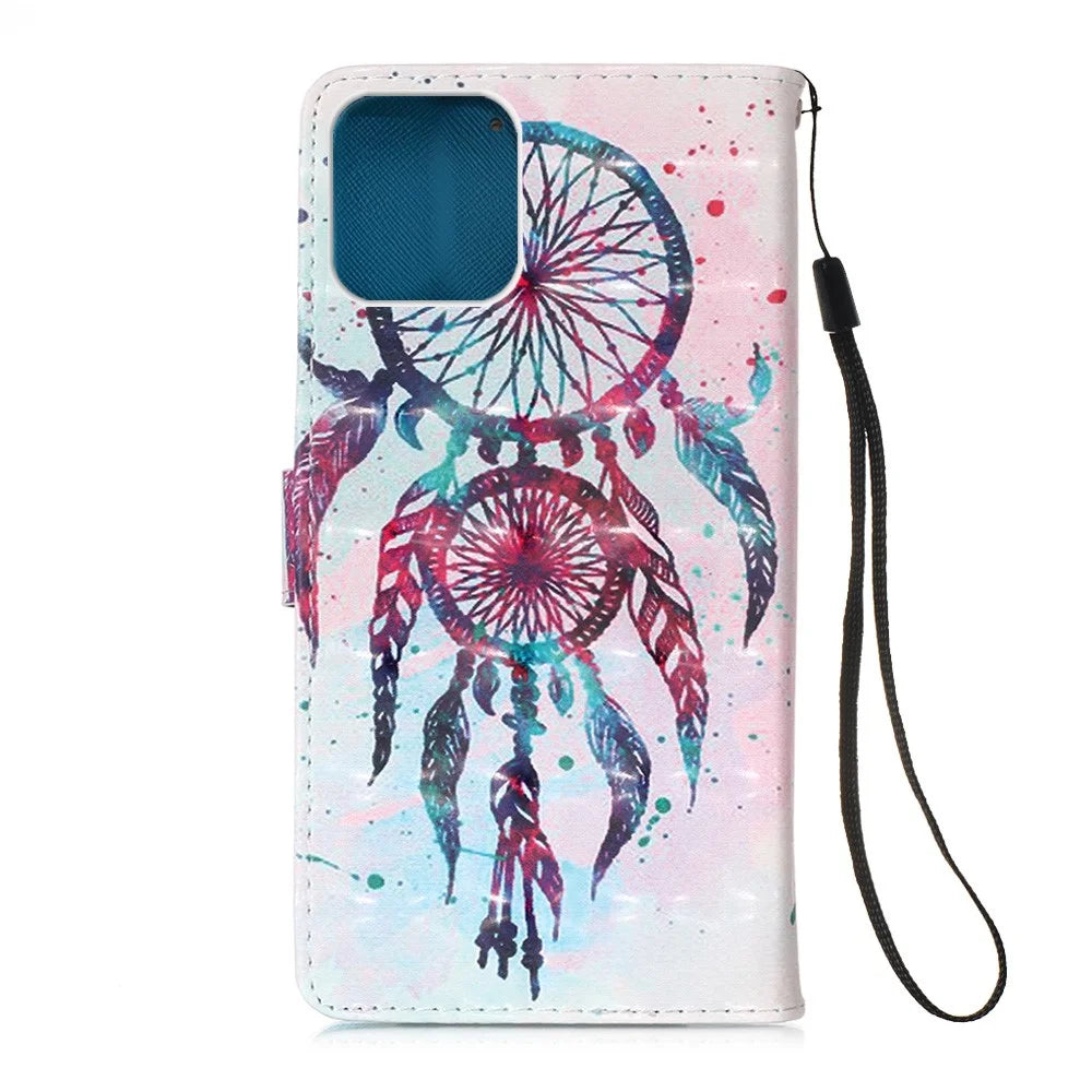 Pattern Printing PU Leather Cover Wallet Cell Phone Case with Strap for iPhone 12 Pro/12 - Dream Catcher - 3