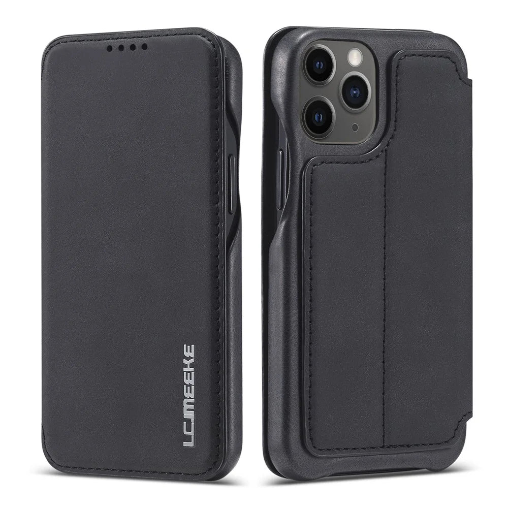 LC.IMEEKE Retro Style Stand Leather Phone Case with Card Holder for iPhone 12 mini - Black - 1