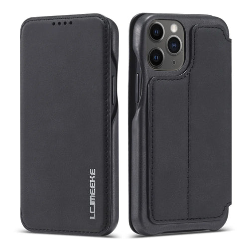 LC.IMEEKE Retro Style Stand Leather Phone Case with Card Holder for iPhone 12 mini - Black - 1