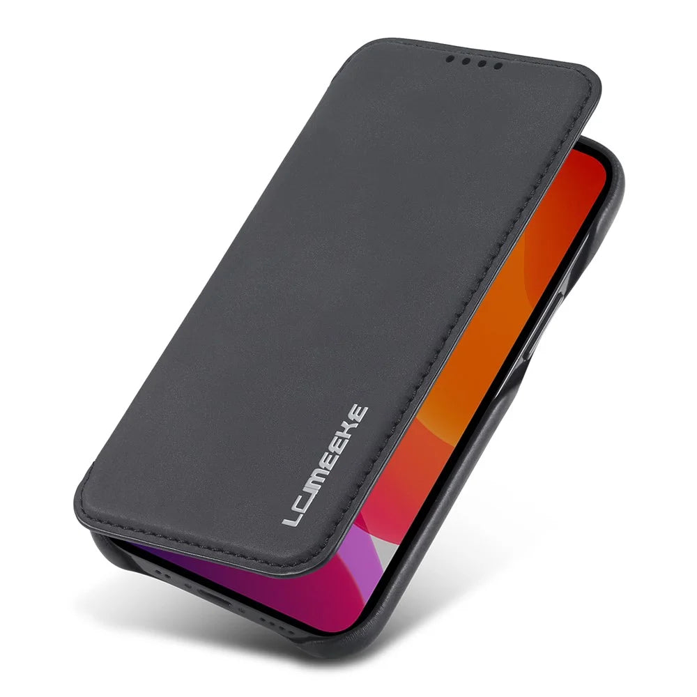 LC.IMEEKE Retro Style Stand Leather Phone Case with Card Holder for iPhone 12 mini - Black - 5