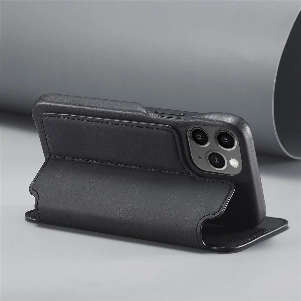 LC.IMEEKE Retro Style Stand Leather Phone Case with Card Holder for iPhone 12 mini - Black - 6