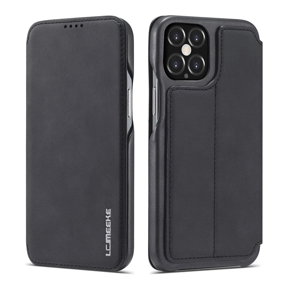 LC.IMEEKE Retro Style Protector Leather Phone Case with Card Holder for iPhone 12 Pro/12 - Black - 1
