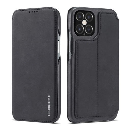LC.IMEEKE Retro Style Protector Leather Phone Case with Card Holder for iPhone 12 Pro/12 - Black - 1