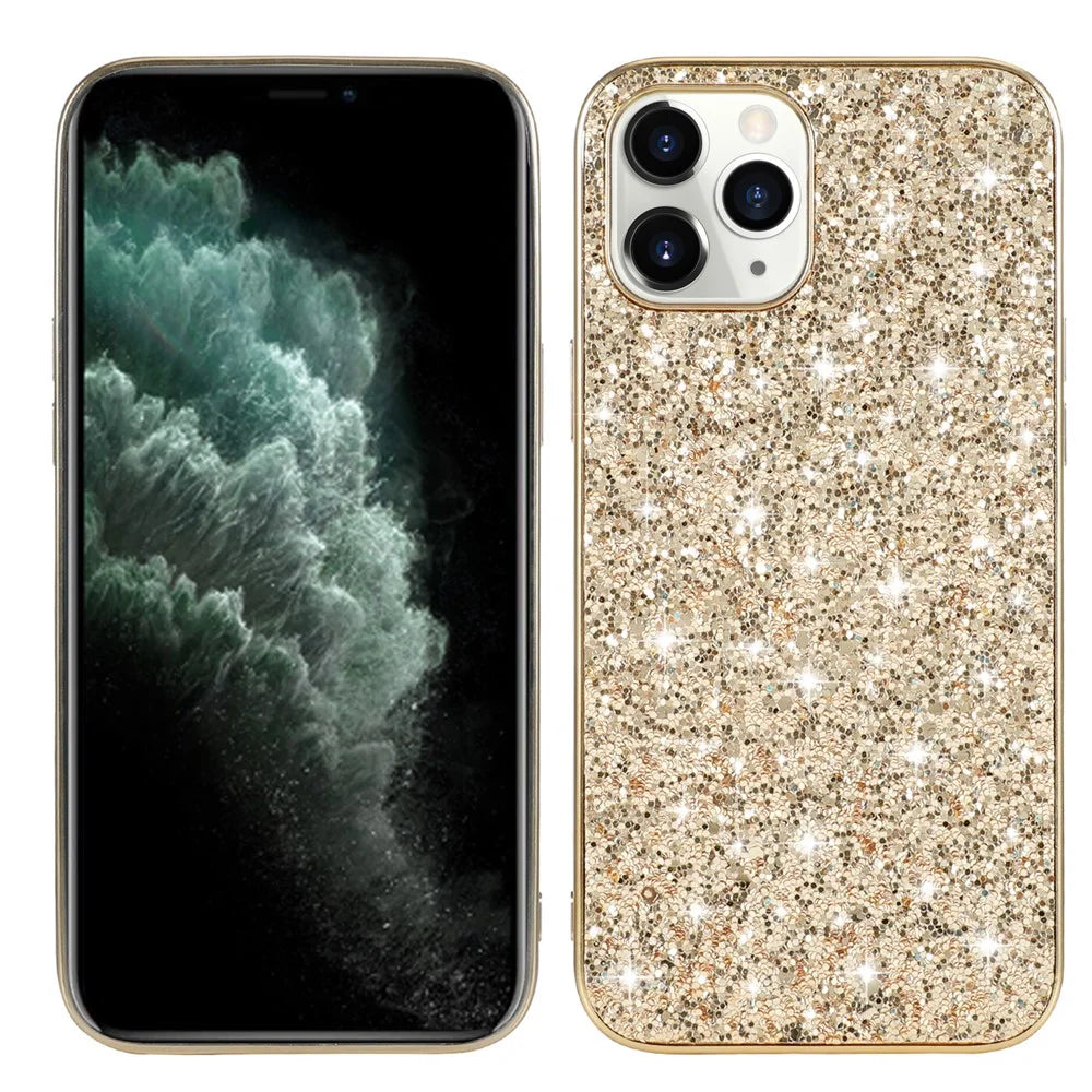 Glittering Sequins Plated TPU Frame + PC Hybrid Shell Case for iPhone 12 Pro/12 - Gold - 2