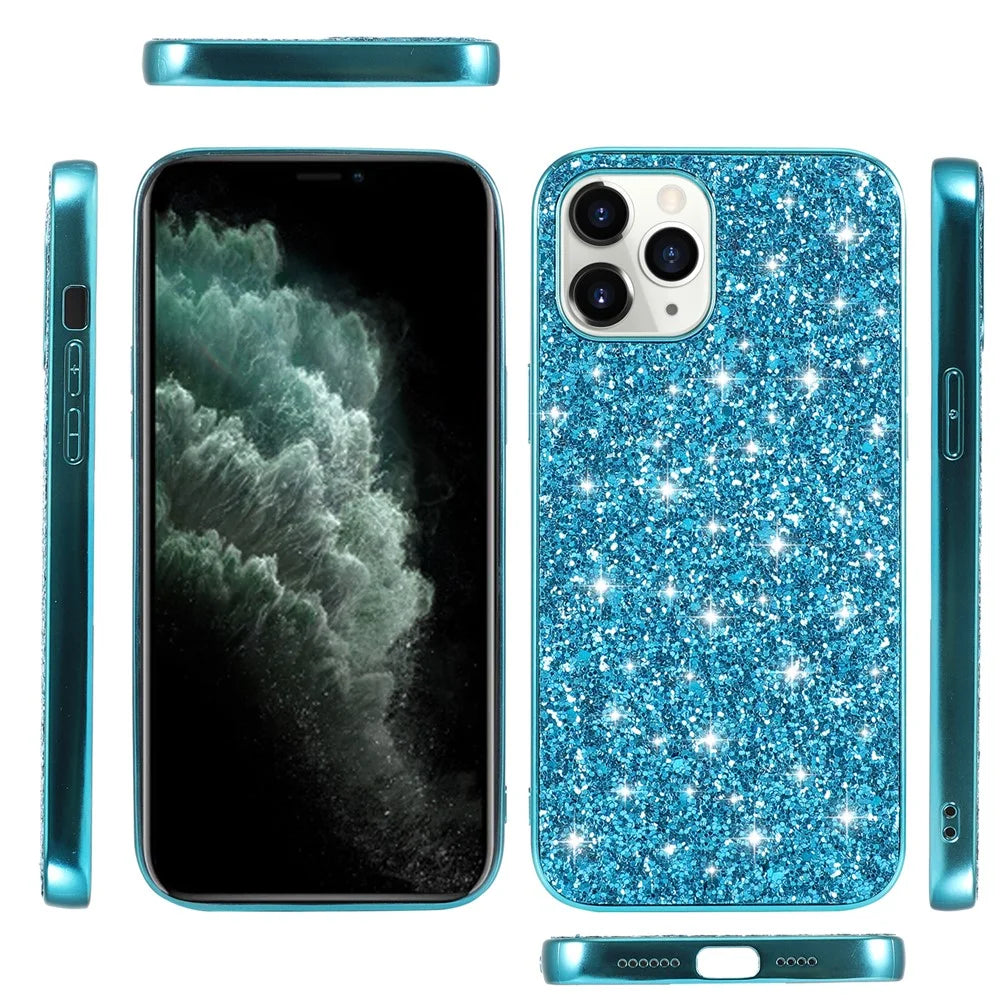Glittering Sequins Plated TPU Frame + PC Hybrid Shell Case for iPhone 12 Pro Max 6.7-inch - Blue - 7