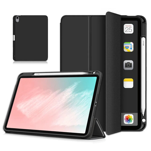Auto Wake / Sleep Litch Skin PU Leather Tri-Fold Stand Case with Pencil Holder for iPad Air 11 (2026) / (2025) / (2024) / Air (2020) / Air (2022) - Black - 1