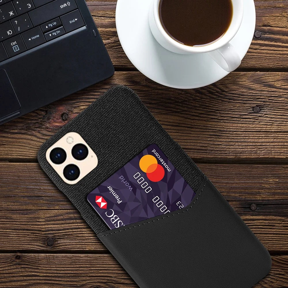 with Card Holder Cloth + PU Leather Coated PC Cover for iPhone 12 Pro / 12 - Black - 4