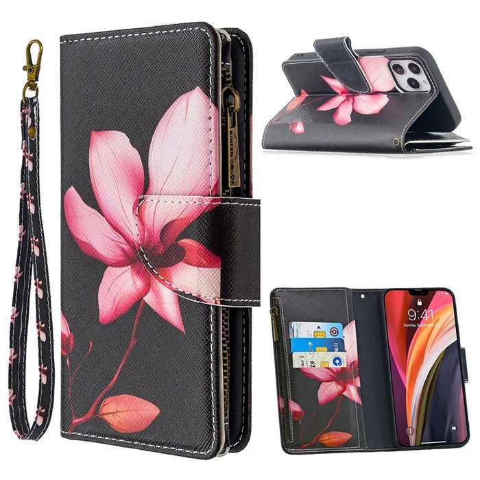 BF03 Pattern Printing Zipper Wallet Leather Phone Shell for iPhone 12 Pro/12 - Flower - 1