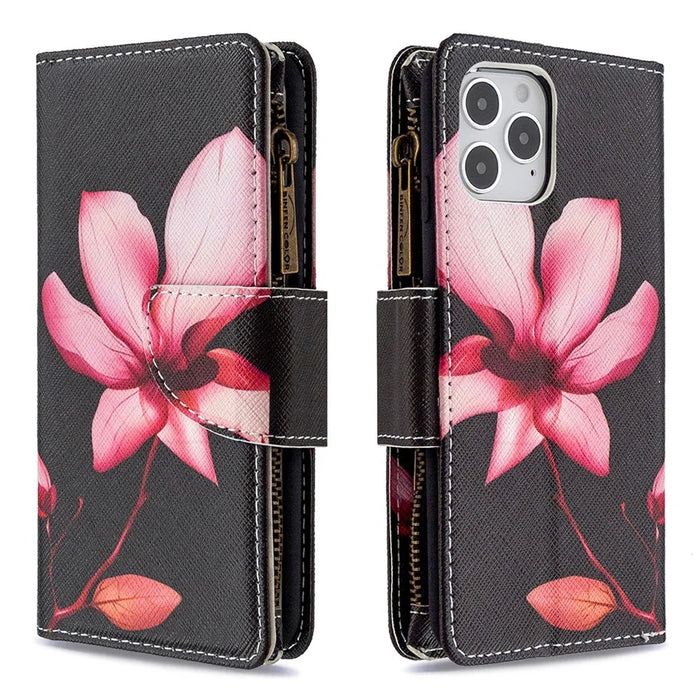 BF03 Pattern Printing Zipper Wallet Leather Phone Shell for iPhone 12 Pro/12 - Flower - 3