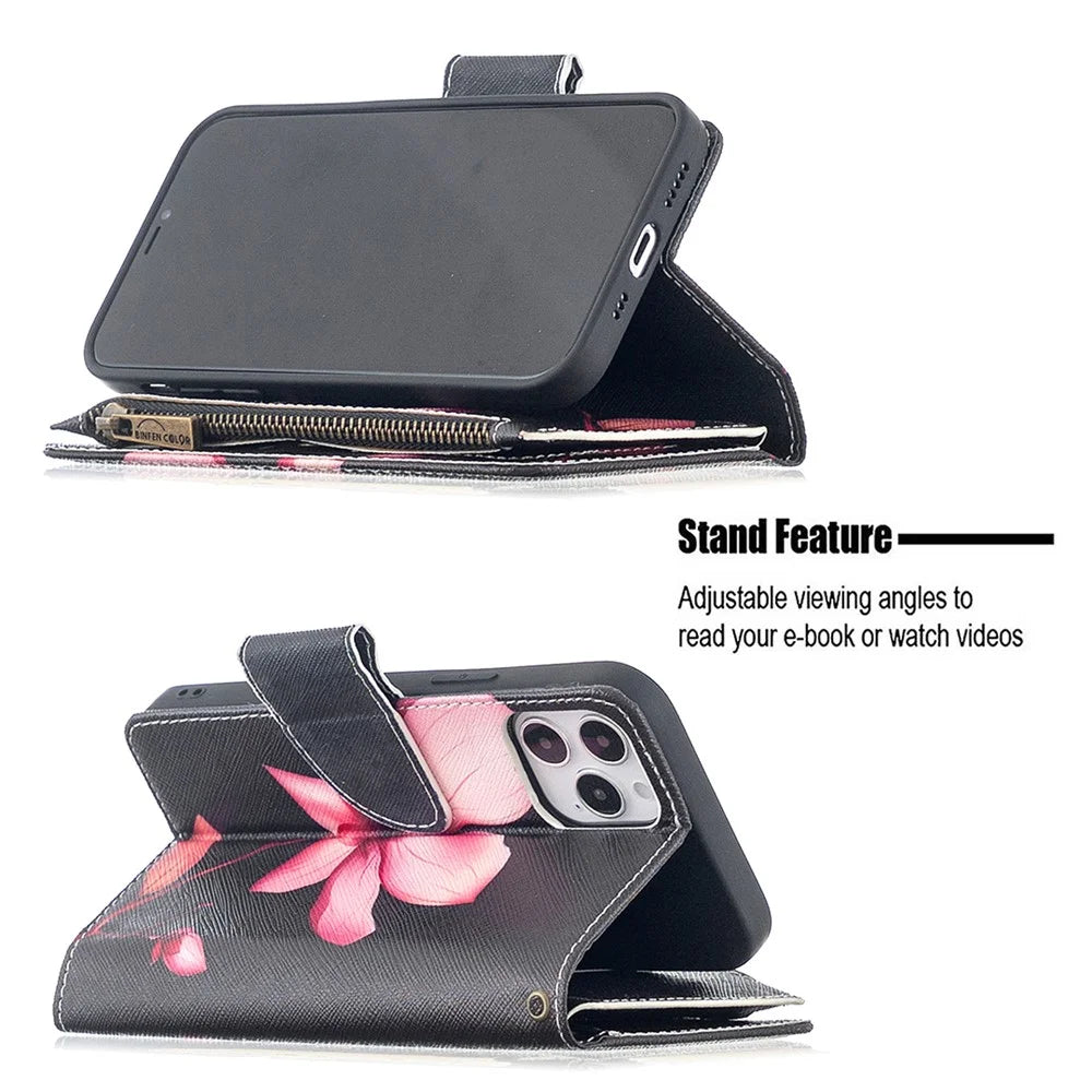 BF03 Pattern Printing Zipper Wallet Leather Phone Shell for iPhone 12 Pro/12 - Flower - 4