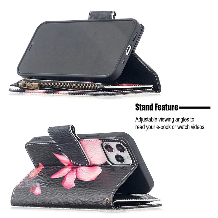 BF03 Pattern Printing Zipper Wallet Leather Phone Shell for iPhone 12 Pro/12 - Flower - 4