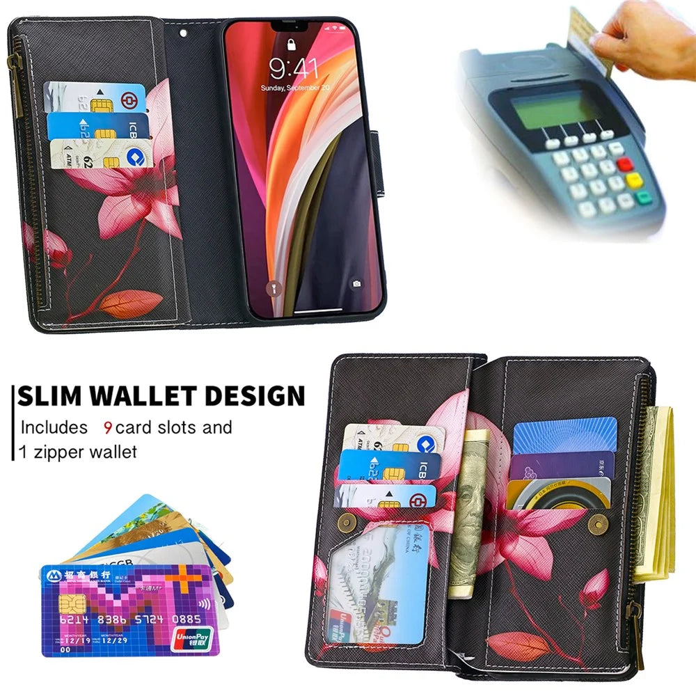 BF03 Pattern Printing Zipper Wallet Leather Phone Shell for iPhone 12 Pro/12 - Flower - 5