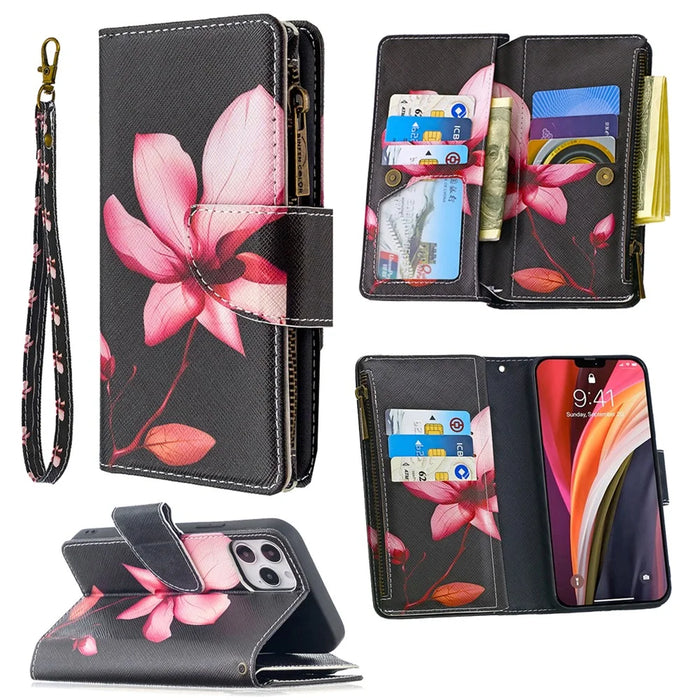 BF03 Pattern Printing Zipper Wallet Leather Phone Shell for iPhone 12 Pro/12 - Flower - 6