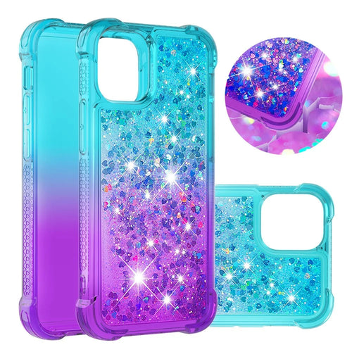 Shockproof Gradient Glitter Powder Quicksand TPU Case for iPhone 12 mini - Cyan / Purple - 1