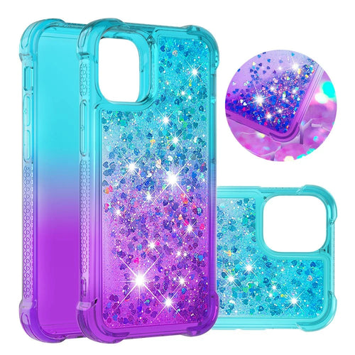 Shockproof Gradient Glitter Powder Quicksand TPU Back Case for iPhone 12 Pro/12 - Cyan / Purple - 1