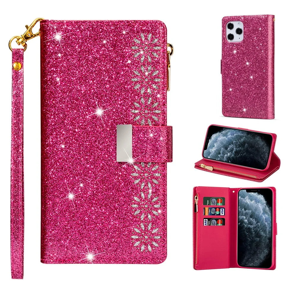 Glittery Starry Style Laser Carving Zipper Leather Case for iPhone 12 Pro/12 - Rose - 1
