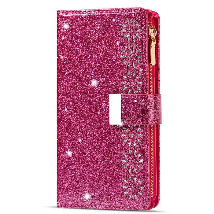 Glittery Starry Style Laser Carving Zipper Leather Case for iPhone 12 Pro/12 - Rose - 2