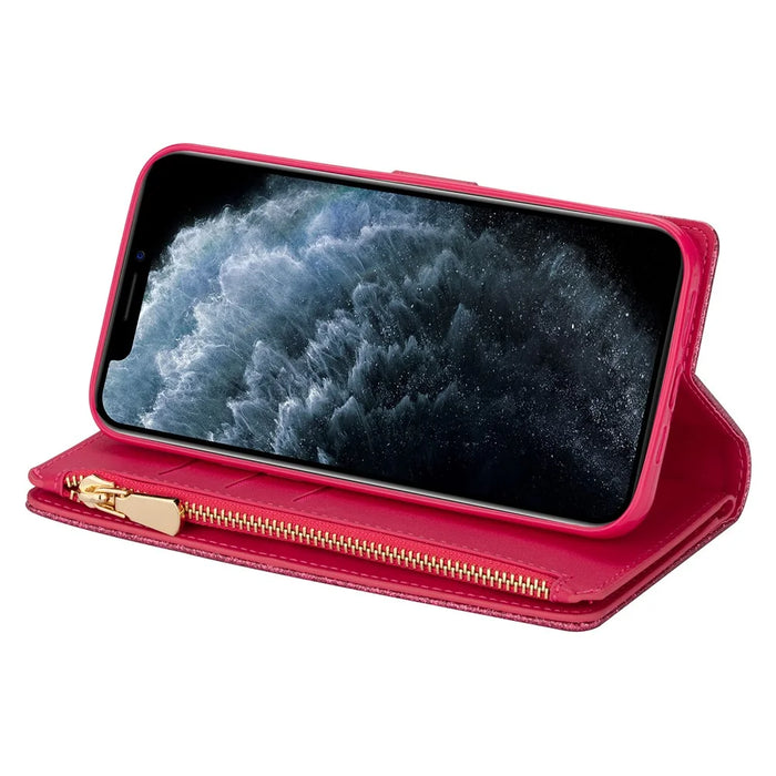 Glittery Starry Style Laser Carving Zipper Leather Case for iPhone 12 Pro/12 - Rose - 4