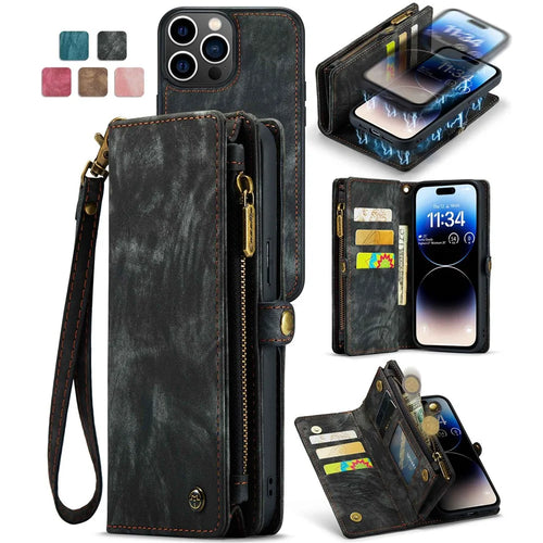 CASEME 008 Series Kickstand Zipper 2-in-1 Detachable Wallet PU Leather Case for iPhone 12 Pro Max 6.7-inch - Black - 1