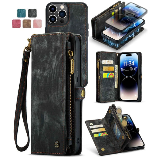 CASEME 008 Series Kickstand Zipper 2-in-1 Detachable Wallet PU Leather Case for iPhone 12 Pro Max 6.7-inch - Black - 1