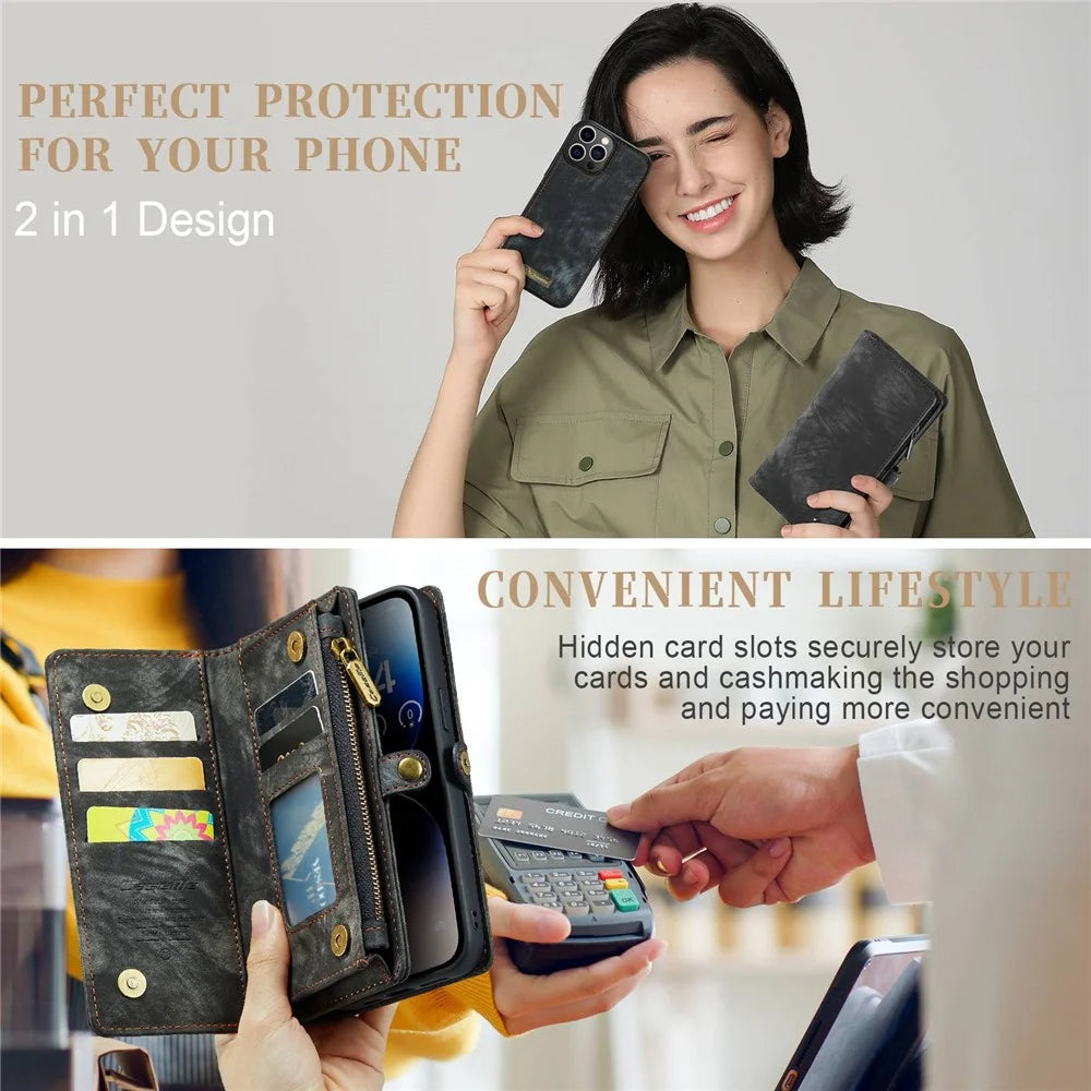 CASEME 008 Series Kickstand Zipper 2-in-1 Detachable Wallet PU Leather Case for iPhone 12 Pro Max 6.7-inch - Black - 6