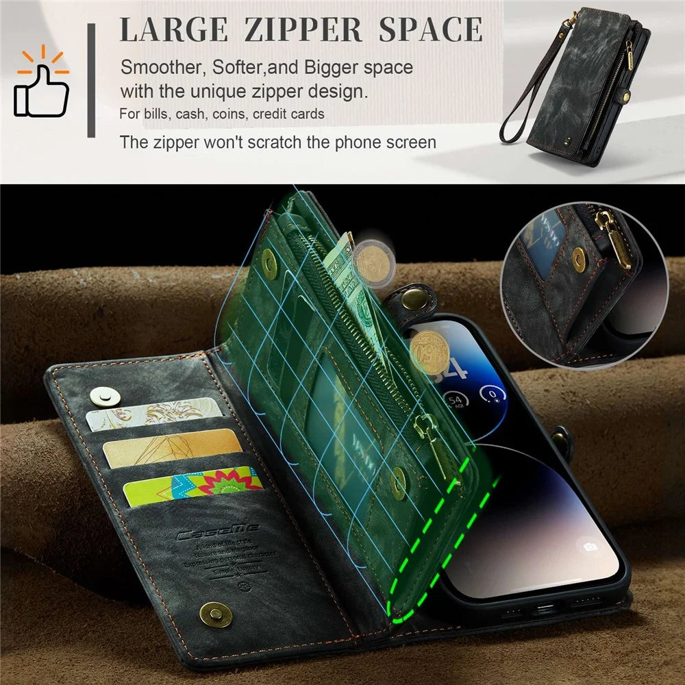 CASEME 008 Series Kickstand Zipper 2-in-1 Detachable Wallet PU Leather Case for iPhone 12 Pro Max 6.7-inch - Black - 7