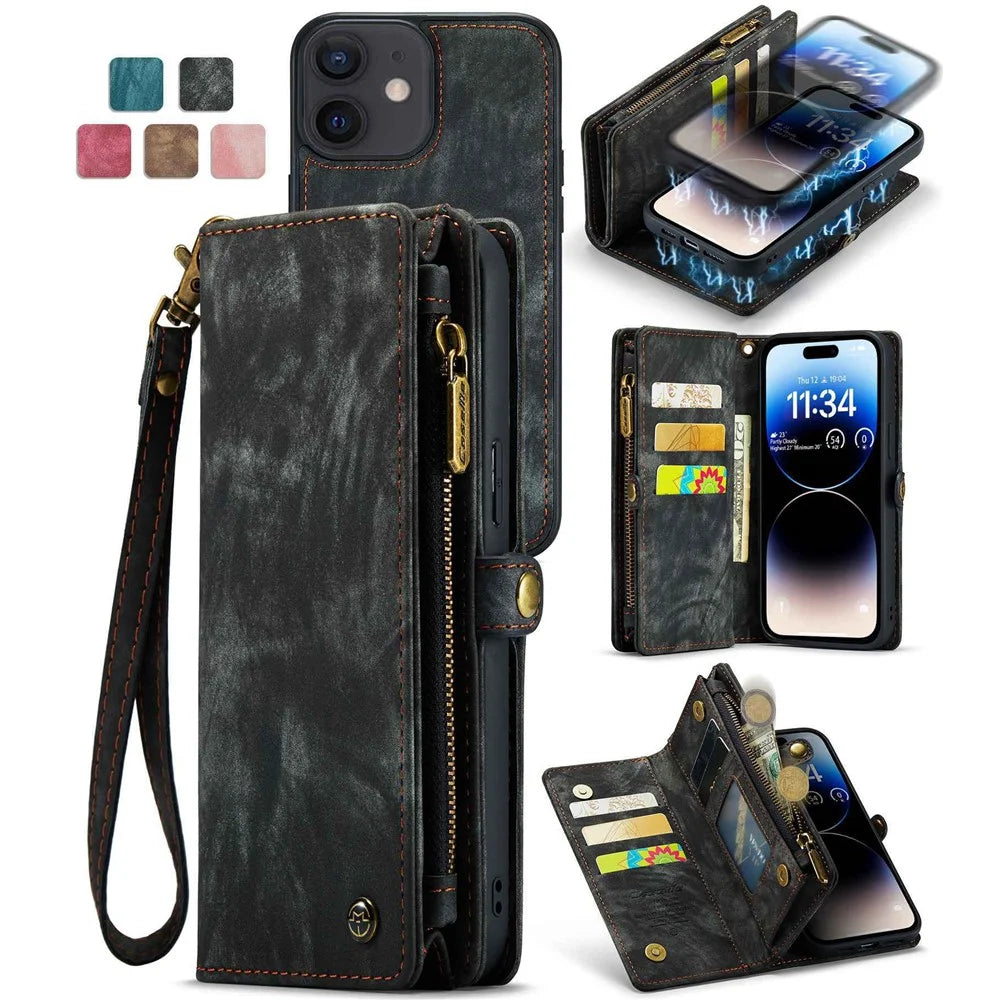 CASEME 008 Series For iPhone 12 Zipper Pocket Phone Case Wallet Stand TPU+PU Leather Magnetic Detachable Cover - Black - 1