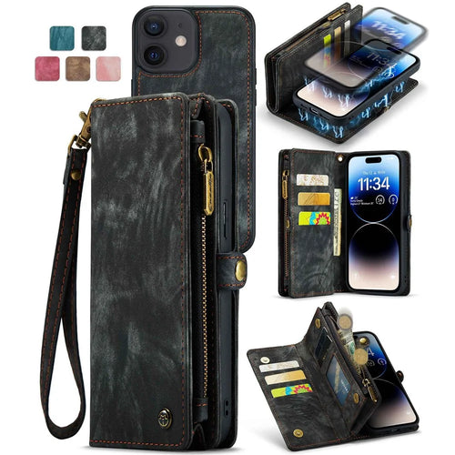 CASEME 008 Series For iPhone 12 Zipper Pocket Phone Case Wallet Stand TPU+PU Leather Magnetic Detachable Cover - Black - 1