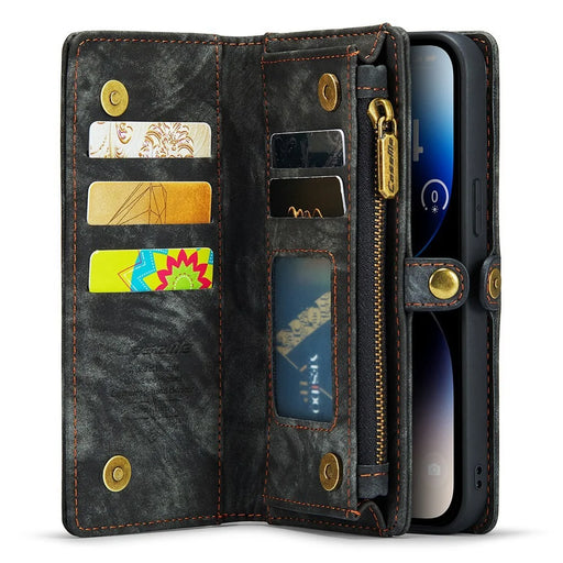 CASEME 008 Series For iPhone 12 Zipper Pocket Phone Case Wallet Stand TPU+PU Leather Magnetic Detachable Cover - Black - 2